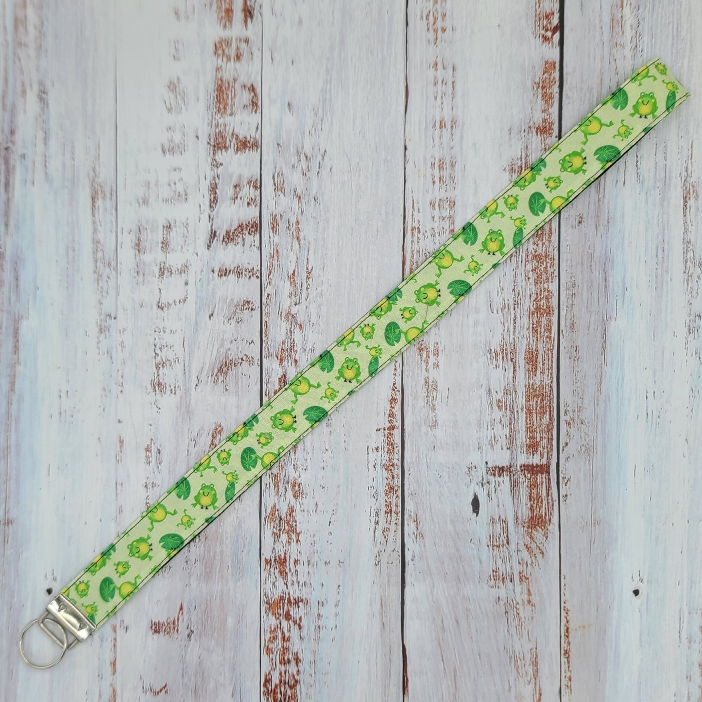 Porte-clé personnalisé (Prénom, Nom, Petite pensée, Enseignants, Merci) - Dragonne - Grenouilles - Bande noire