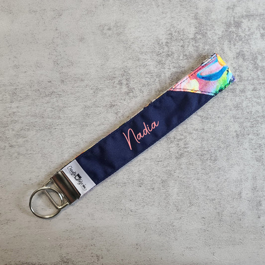 Porte-clé - PERSONNALISÉ - Dragonne - Poignet - Fleurs Aquarelle - Bande marine