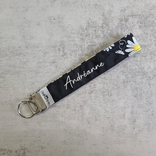 Porte-clé - PERSONNALISÉ - Dragonne - Poignet - Marguerites - Bande noire