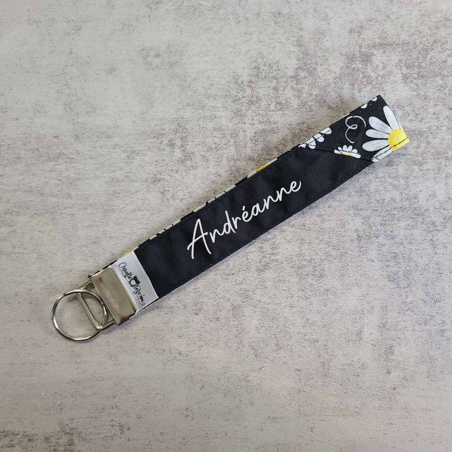 Porte-clé - PERSONNALISÉ - Dragonne - Poignet - Marguerites - Bande noire