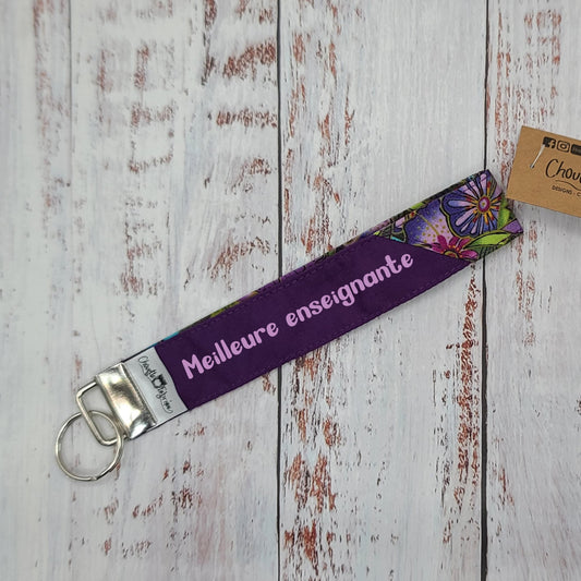 Porte-clé - PERSONNALISÉ - Dragonne - Poignet - Fleurs turquoise/violet - Bande violet