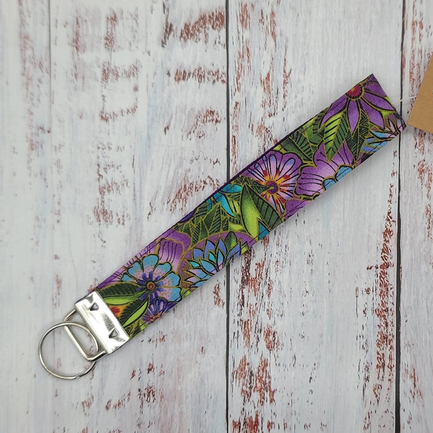 Porte-clé - PERSONNALISÉ - Dragonne - Poignet - Fleurs turquoise/violet - Bande violet