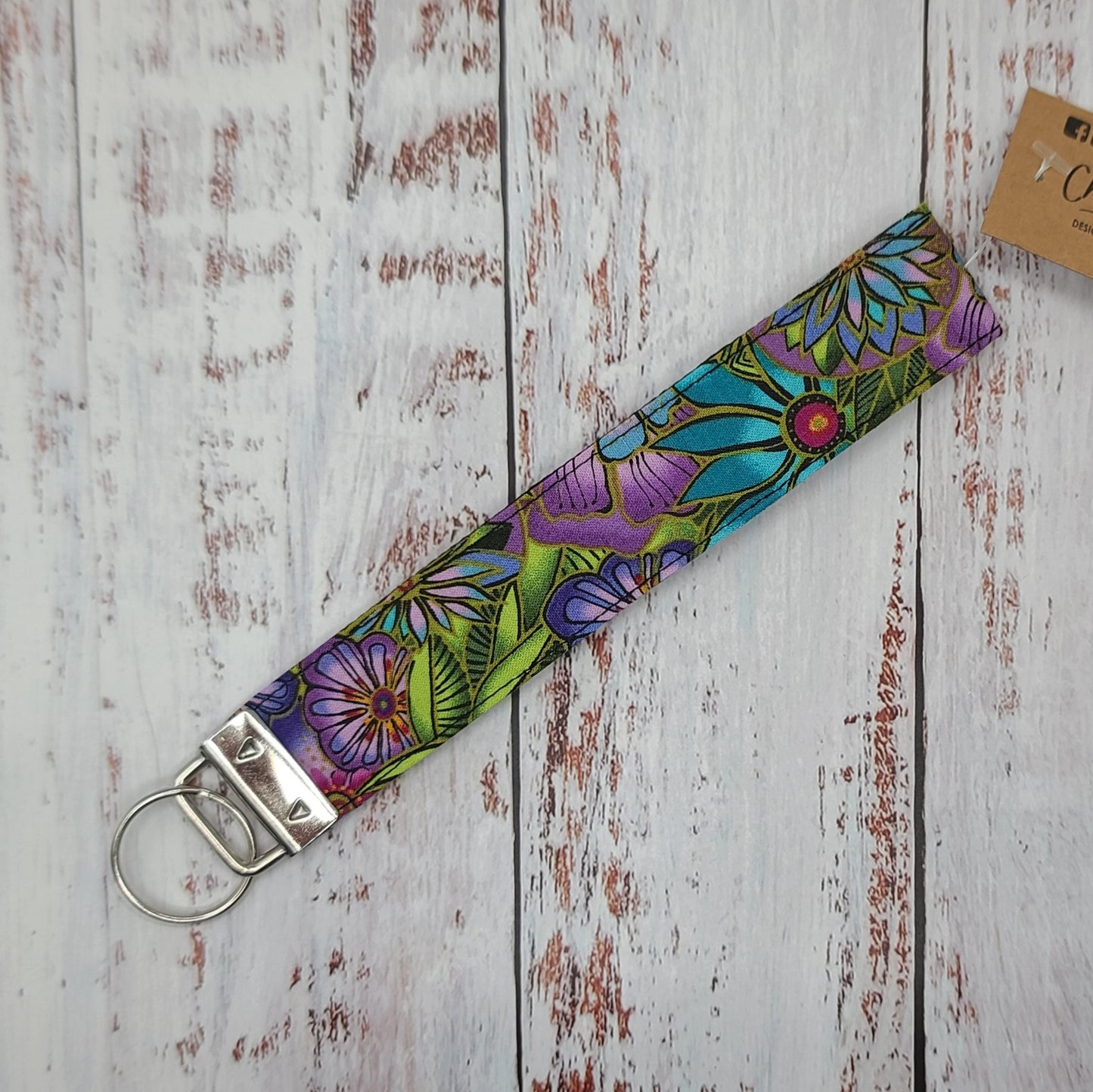Porte-clé - PERSONNALISÉ - Dragonne - Poignet - Fleurs turquoise/violet - Bande noire