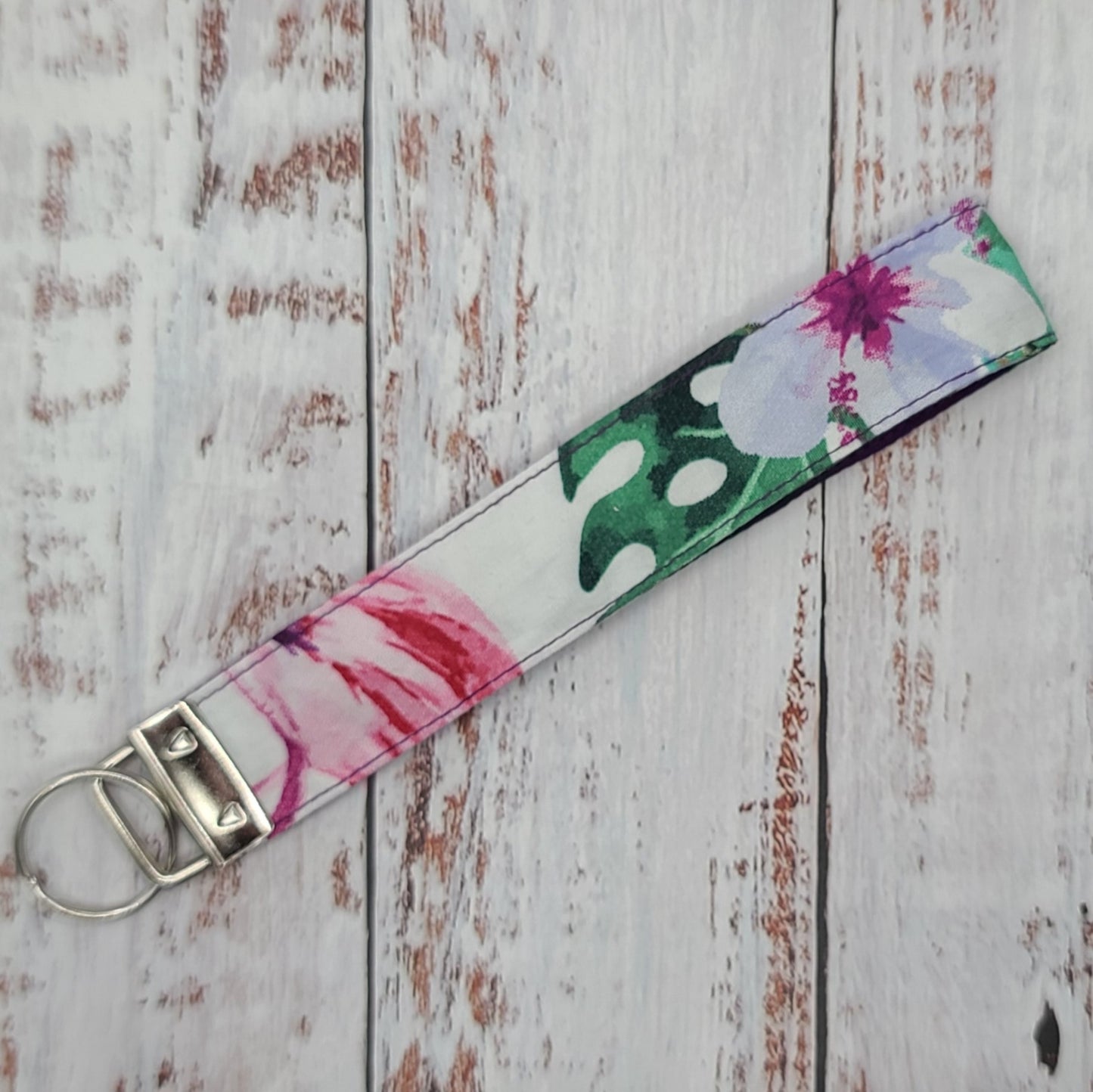 Porte-clé - PERSONNALISÉ - Dragonne - Poignet - Fleurs & Flamants - Bande violet