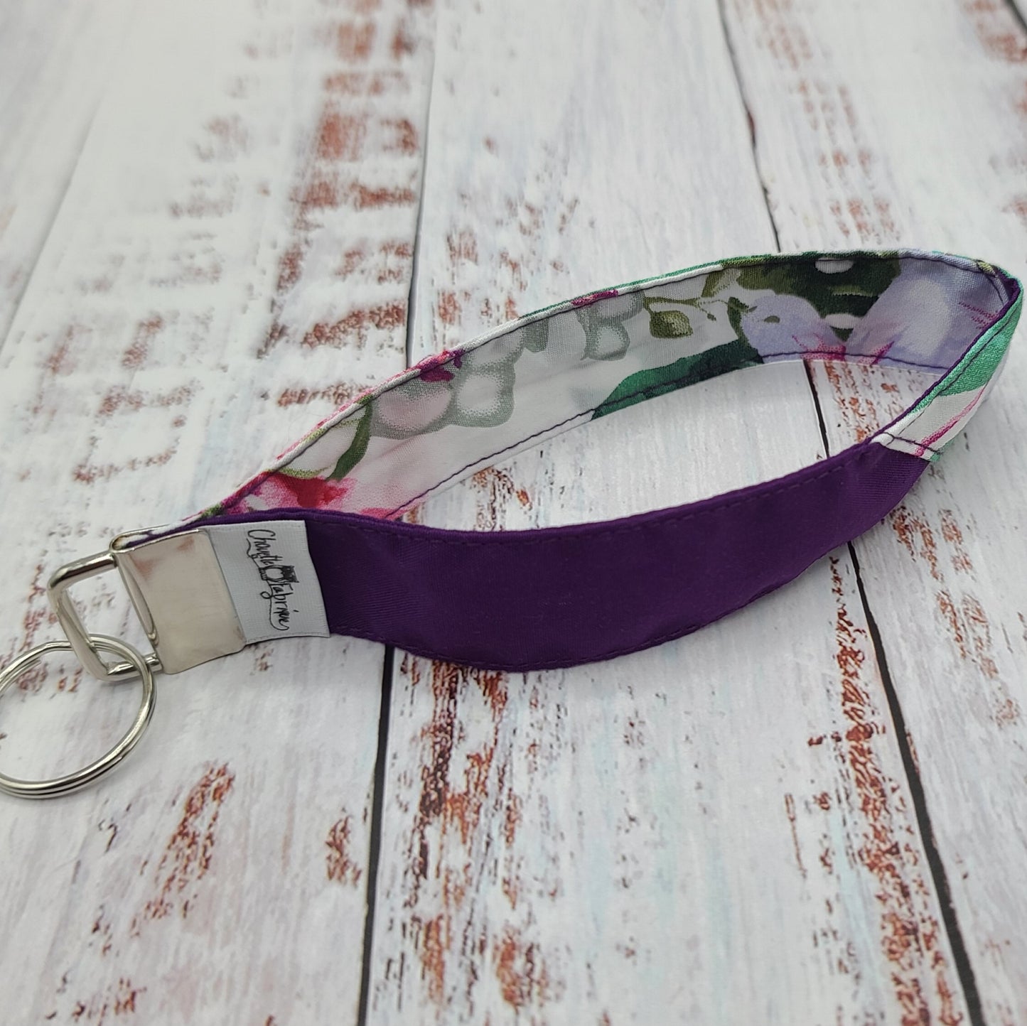 Porte-clé - PERSONNALISÉ - Dragonne - Poignet - Fleurs & Flamants - Bande violet