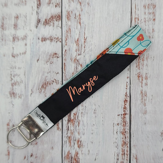 Porte-clé - PERSONNALISÉ - Dragonne - Poignet - Fleurs sur tiges & Abeilles - Bande noire