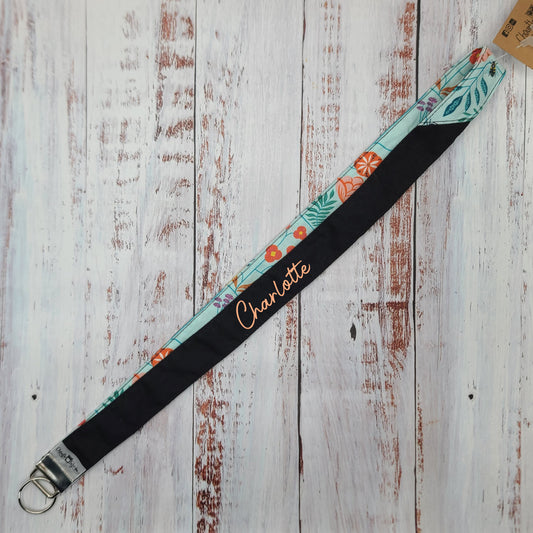 Porte-clé personnalisé (Prénom, Nom, Petite pensée, Enseignants, Merci) - Dragonne - Fleurs sur tiges - Bande noire