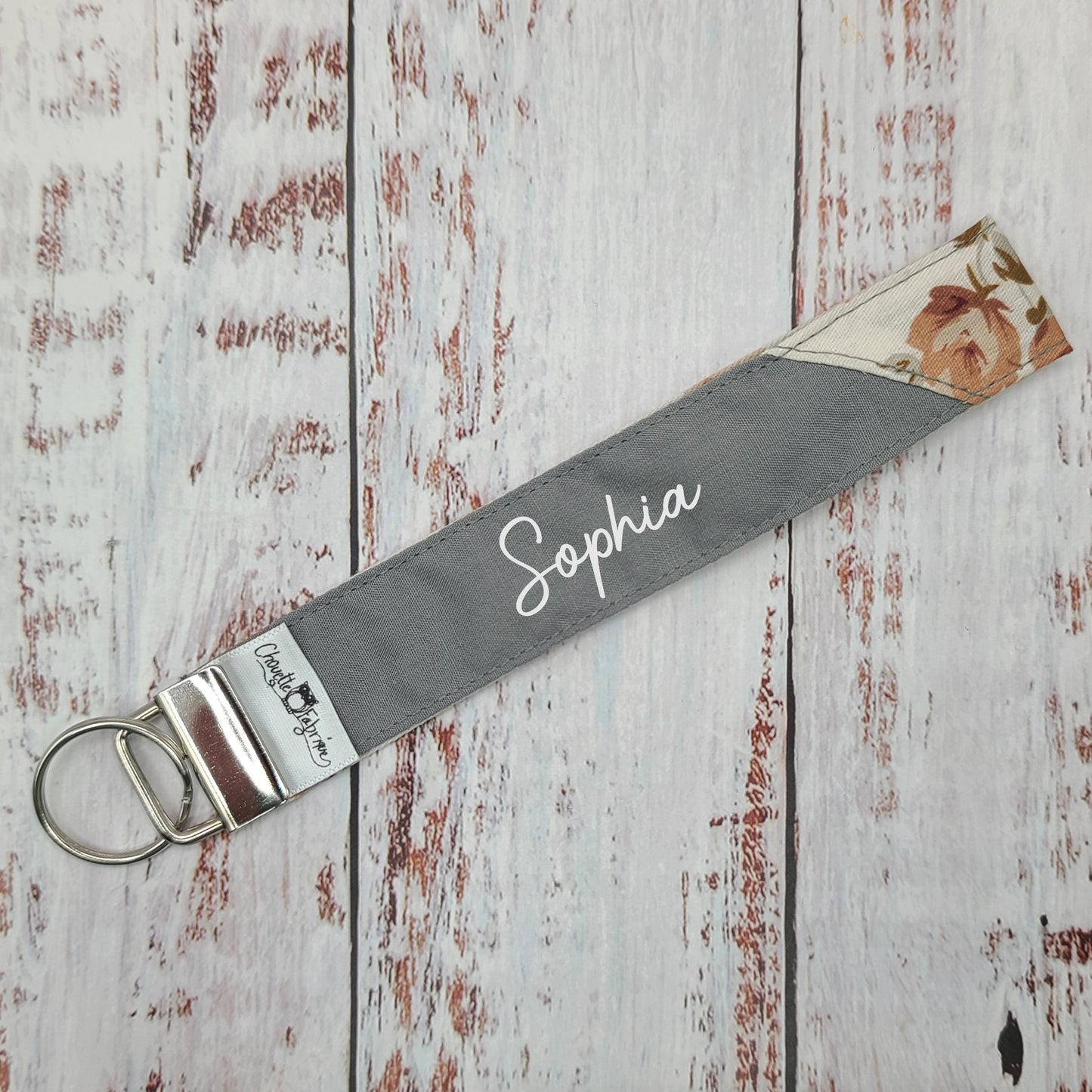 Porte-clé - PERSONNALISÉ - Dragonne - Poignet - Fleurs vieux rose, corail sur fond crème - Bande grise
