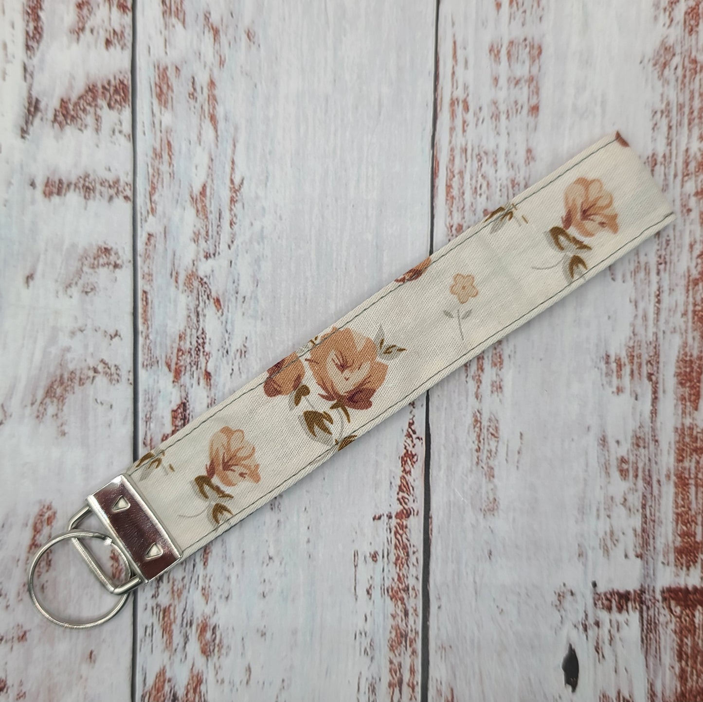 Porte-clé - PERSONNALISÉ - Dragonne - Poignet - Fleurs vieux rose, corail sur fond crème - Bande grise