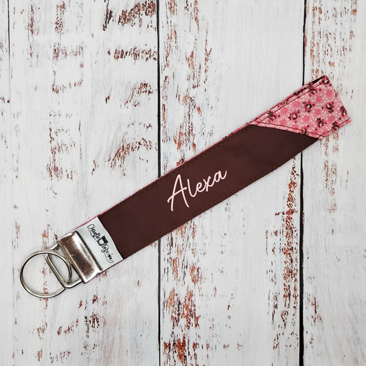Porte-clé - PERSONNALISÉ - Dragonne - Poignet - Mini Fleurs Rose antique - Bande brune