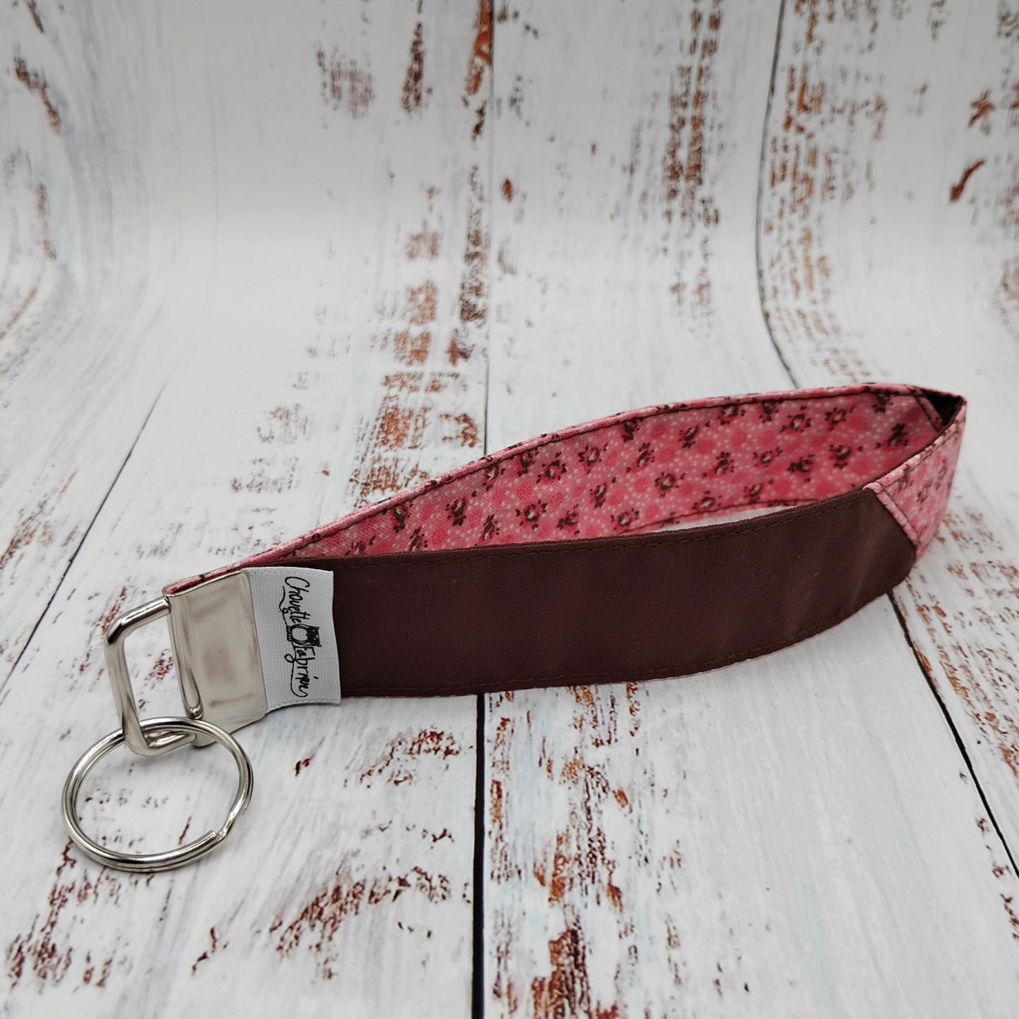 Porte-clé - PERSONNALISÉ - Dragonne - Poignet - Mini Fleurs Rose antique - Bande brune