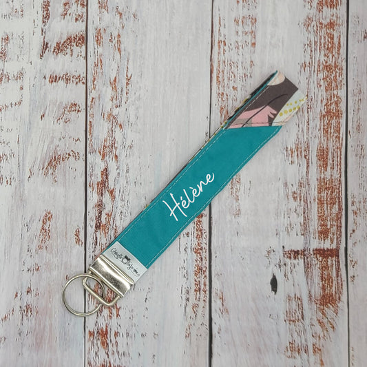 Porte-clé - PERSONNALISÉ - Dragonne - Poignet - Plumes roses et taupes - Bande turquoise