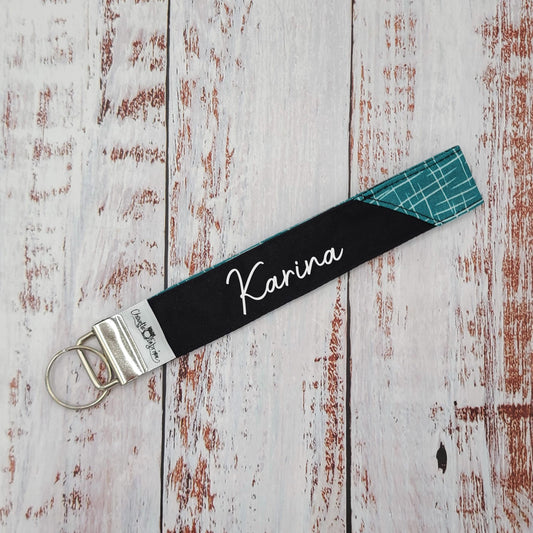 Porte-clé - PERSONNALISÉ - Dragonne - Poignet - Lignes hachurées Teal - Bande noire