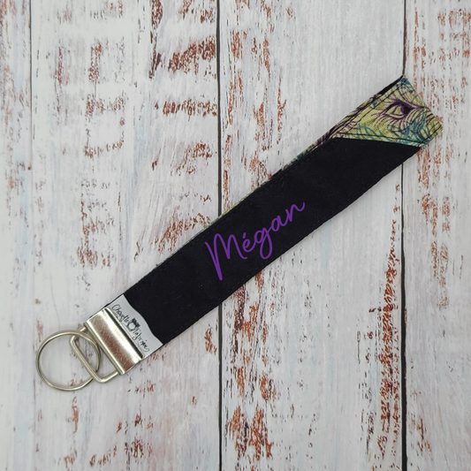 Porte-clé - PERSONNALISÉ - Dragonne - Poignet - Plumes Paon - Bande noire