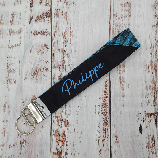 Porte-clé - PERSONNALISÉ - Dragonne - Poignet - Plumes Bleues - Bande noire