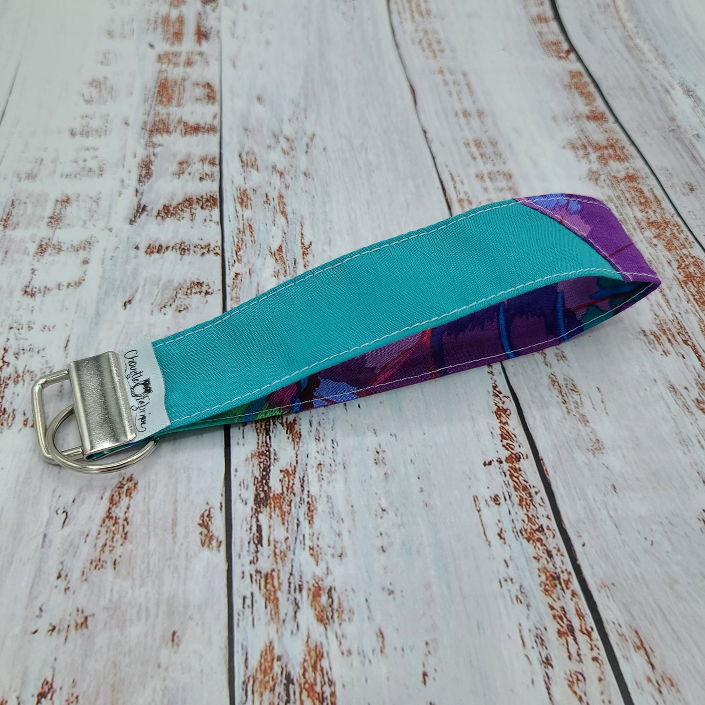 Porte-clé - PERSONNALISÉ - Dragonne - Poignet - Fleurs Lilas/Violet - Bande turquoise