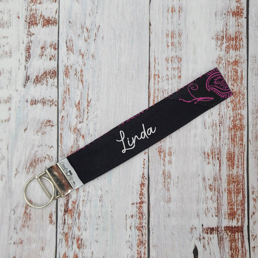 Porte-clé - PERSONNALISÉ - Dragonne - Poignet - Motifs fuchsia - Bande noire