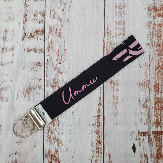 Porte-clé - PERSONNALISÉ - Dragonne - Poignet - Cercles roses et noirs - Bande noire