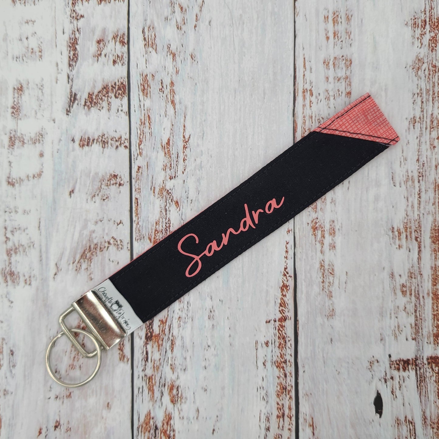 Porte-clé - PERSONNALISÉ - Dragonne - Poignet - Hachuré Corail - Bande noire