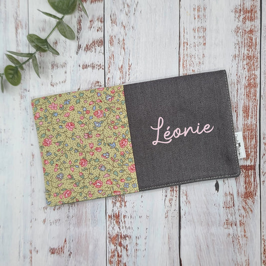 Protège-carnet de santé - Vaccination - Personnalisé - Fleurs - Mini fleur "cute" - DENIM Gris