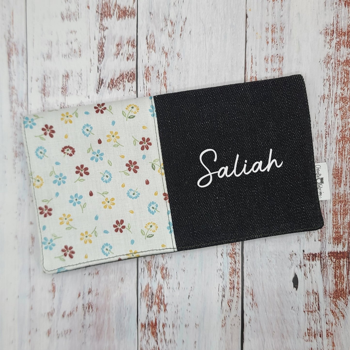 Protège-carnet de santé - Vaccination - Personnalisé - Fleurs - Bleu, bourgogne & moutarde