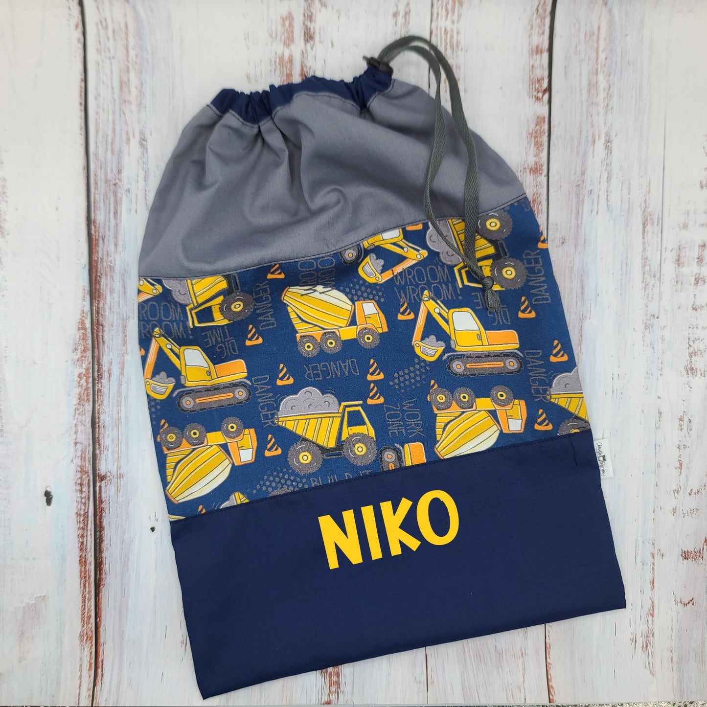 Sac de sport ou à souliers - Personnalisé - Véhicules - Camions de chantier (Marine/Jaune) - Haut gris