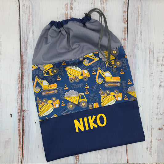 Sac de sport ou à souliers - Personnalisé - Véhicules - Camions de chantier (Marine/Jaune) - Haut gris
