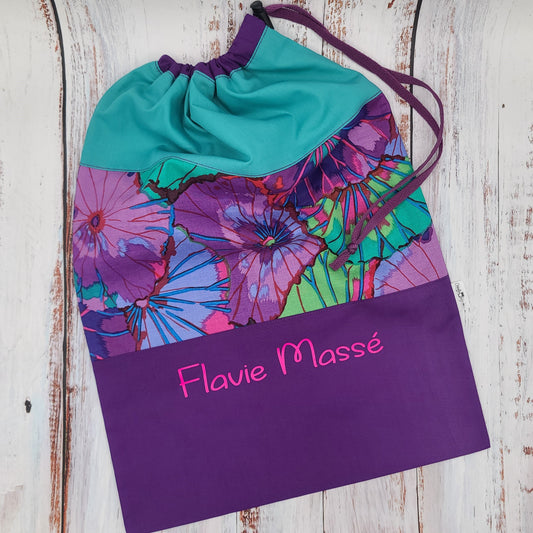 Sac de sport ou à souliers - Personnalisé - FLEURS - Haut Turquoise et Bas Violet