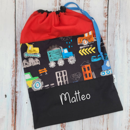 Sac de sport ou à souliers - Personnalisé - Véhicules - Camions de chantier (COULEURS) - Haut rouge