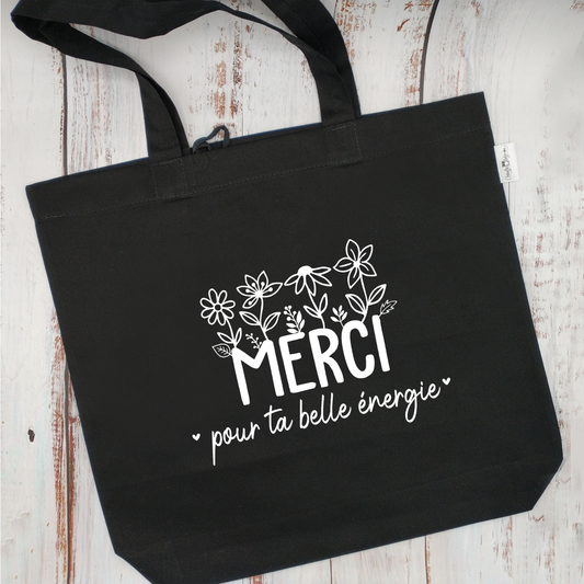 (CHOIX COULEURS) Sac d'épicerie / Sac fourre-tout réutilisable et lavable - MERCI pour ta belle énergie - (Qui se roule pour le rangement)