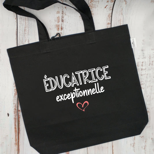 (CHOIX COULEURS & PROFESSION) Sac d'épicerie / Sac fourre-tout réutilisable et lavable - Éducatrice (ou autre) exceptionnelle - (Qui se roule pour le rangement) - v8