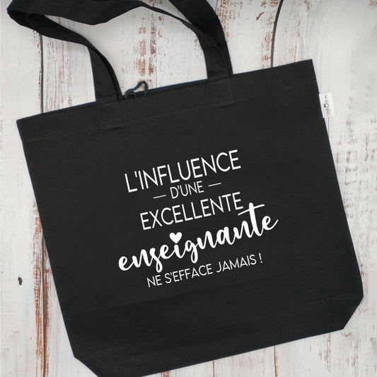 (CHOIX COULEURS & PROFESSION) Sac d'épicerie / Sac fourre-tout réutilisable et lavable - L'influence d'une EXCELLENTE ENSEIGNANTE ne s'efface jamais ! - (Qui se roule pour le rangement) - v1