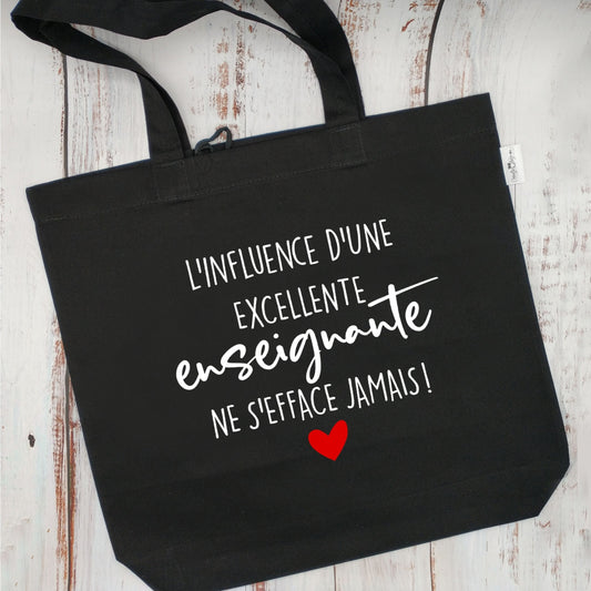 (CHOIX COULEURS & PROFESSION) Sac d'épicerie / Sac fourre-tout réutilisable et lavable - L'influence d'une EXCELLENTE ENSEIGNANTE ne s'efface jamais ! - (Qui se roule pour le rangement) - v3