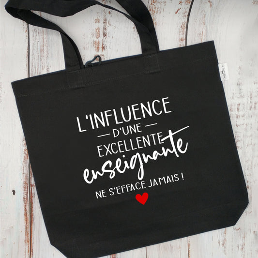(CHOIX COULEURS & PROFESSION) Sac d'épicerie / Sac fourre-tout réutilisable et lavable - L'influence d'une EXCELLENTE ENSEIGNANTE ne s'efface jamais ! - (Qui se roule pour le rangement) - v4