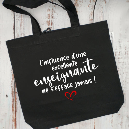 (CHOIX COULEURS & PROFESSION) Sac d'épicerie / Sac fourre-tout réutilisable et lavable - L'influence d'une EXCELLENTE ENSEIGNANTE ne s'efface jamais ! - (Qui se roule pour le rangement) - v6