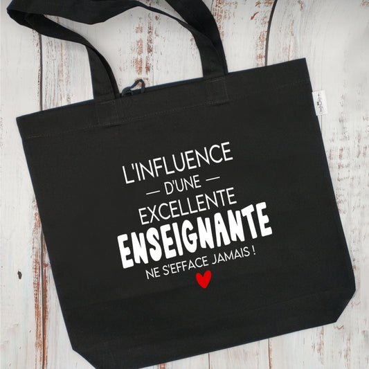 (CHOIX COULEURS & PROFESSION) Sac d'épicerie / Sac fourre-tout réutilisable et lavable - L'influence d'une EXCELLENTE ENSEIGNANTE ne s'efface jamais ! - (Qui se roule pour le rangement) - v7