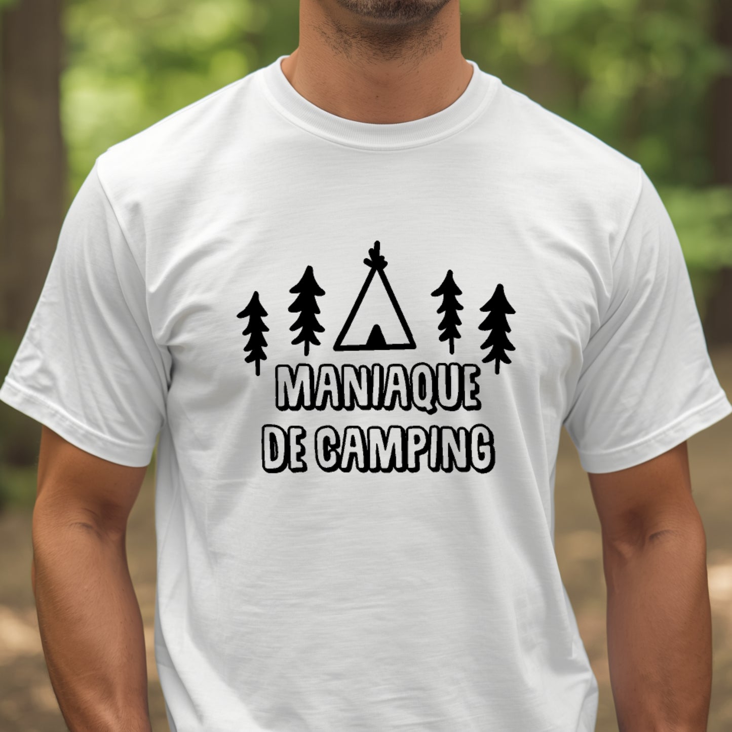 T-shirt HOMME à col rond - CAMPING - Maniaque de camping - Sapins et tipi - V5