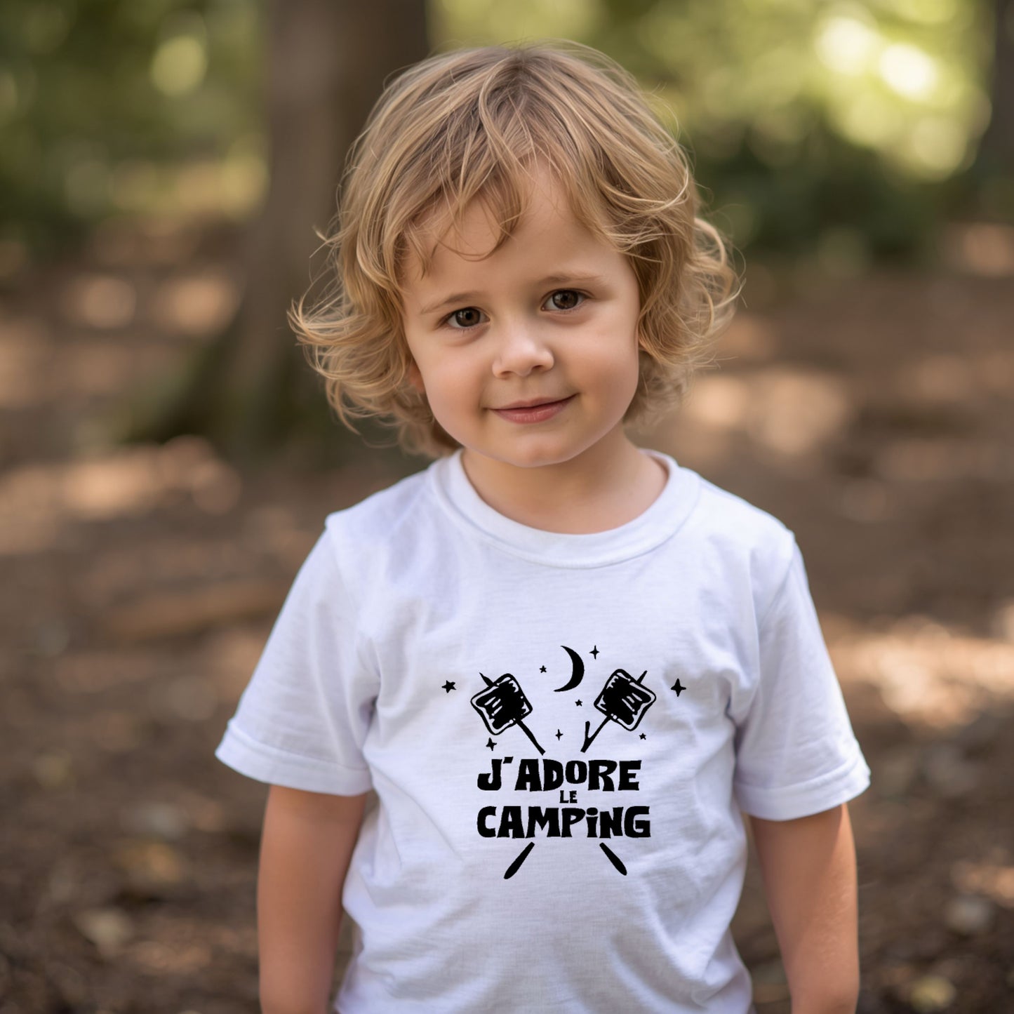 T-shirt - ENFANTS (gr. 2T à XL) - Col rond - J'adore le camping - Guimauves et lune - V2