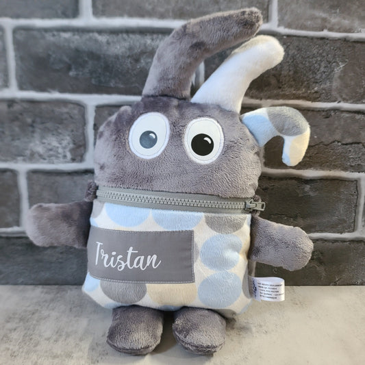 Toutou monstre mangeur de peurs, secrets, etc. - Pois Bleu/Beige - Personnalisé au prénom de l'enfant