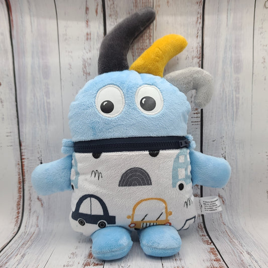 Toutou monstre mangeur de peurs, secrets, etc. - Voitures - Personnalisé au prénom de l'enfant - Bleu pâle
