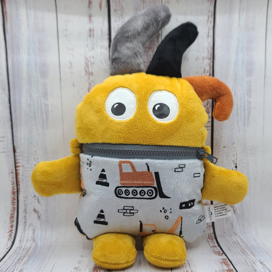 Toutou monstre mangeur de peurs, secrets, etc. - Camions de construction/Excavatrices - Personnalisé au prénom de l'enfant - Moutarde