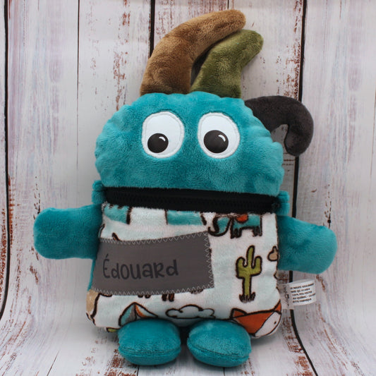 Toutou monstre mangeur de peurs, secrets, etc. - Renard et Cactus - Personnalisé au prénom de l'enfant - Turquoise