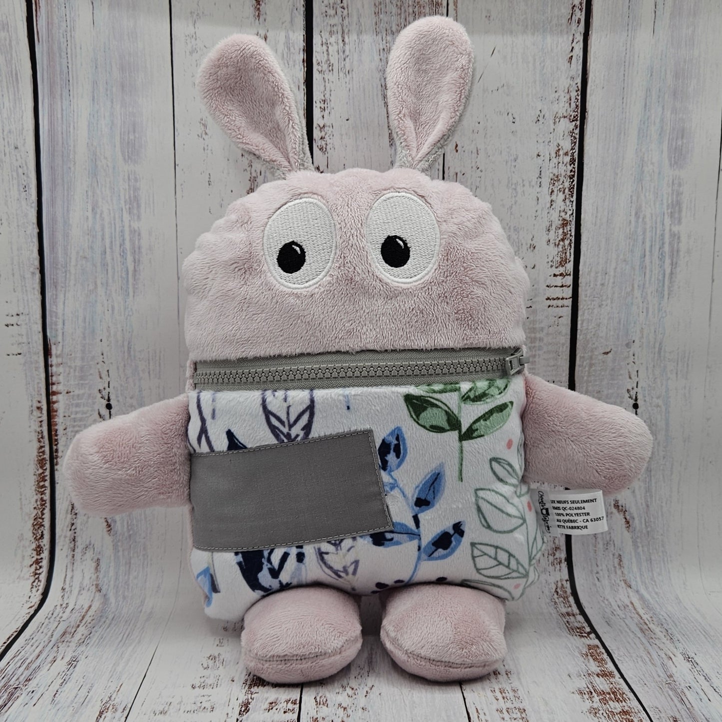 Toutou monstre mangeur de peurs, secrets, etc. - Feuillage Vert Violet et Rose (Modern Leaves) - Personnalisé au prénom de l'enfant - "OREILLES STYLE LAPIN"