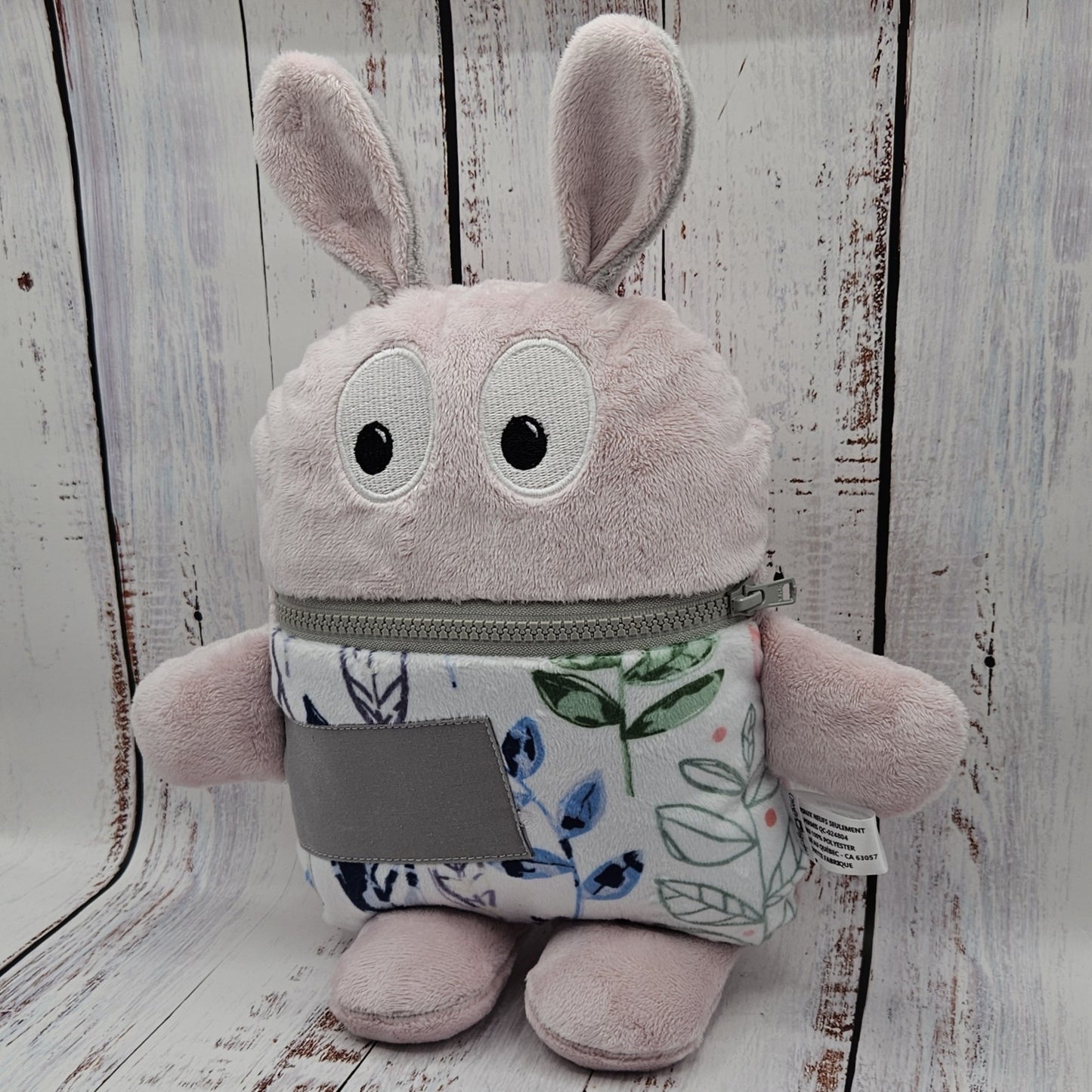 Toutou monstre mangeur de peurs, secrets, etc. - Feuillage Vert Violet et Rose (Modern Leaves) - Personnalisé au prénom de l'enfant - "OREILLES STYLE LAPIN"