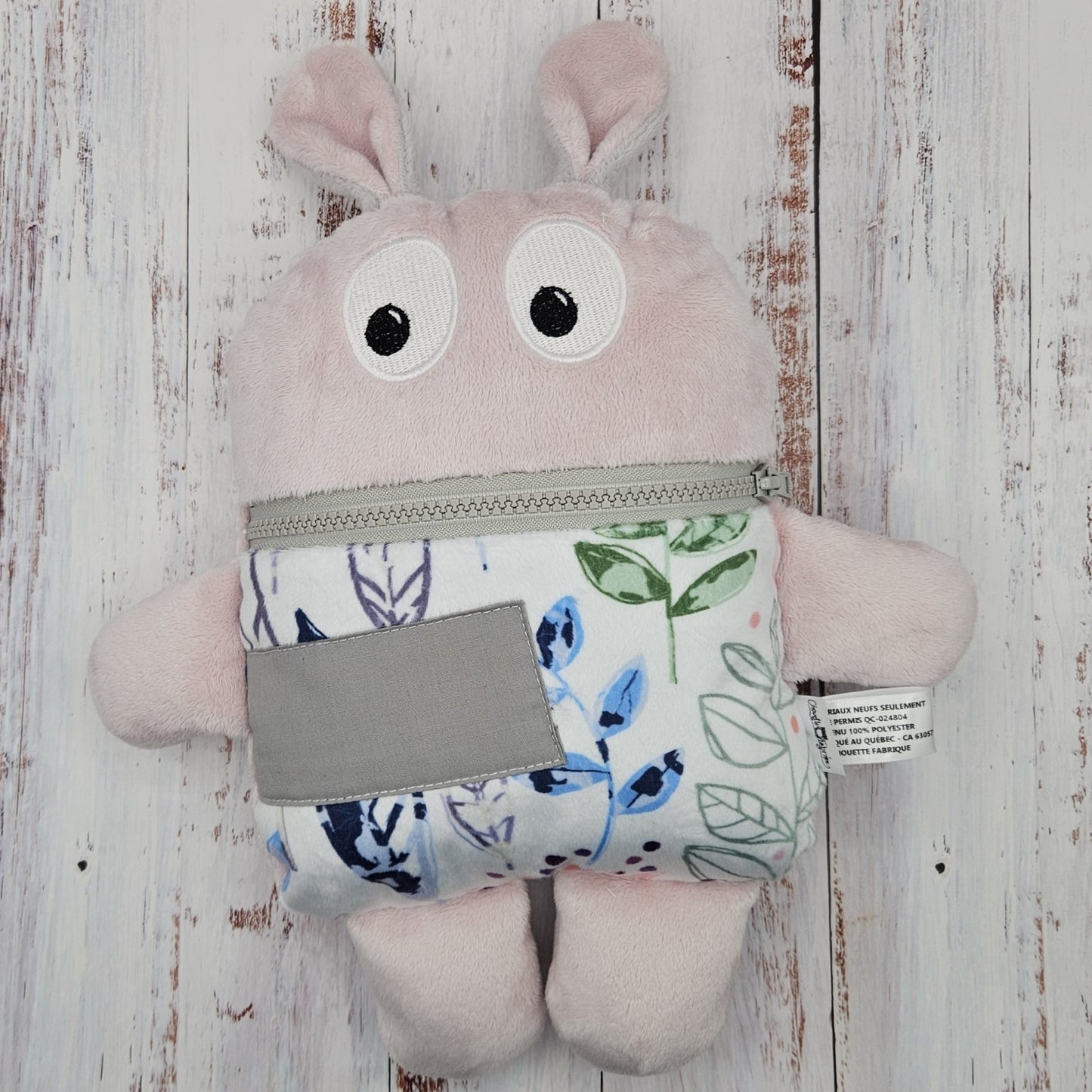 Toutou monstre mangeur de peurs, secrets, etc. - Feuillage Vert Violet et Rose (Modern Leaves) - Personnalisé au prénom de l'enfant - "OREILLES STYLE LAPIN"