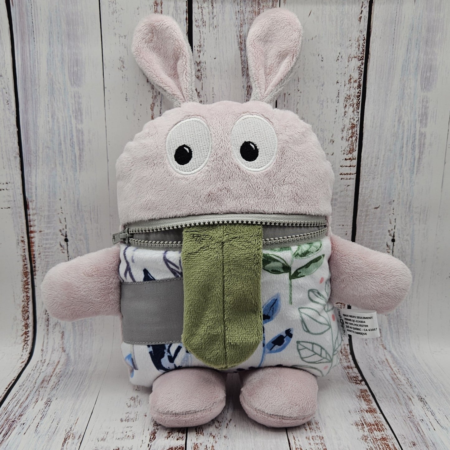 Toutou monstre mangeur de peurs, secrets, etc. - Feuillage Vert Violet et Rose (Modern Leaves) - Personnalisé au prénom de l'enfant - "OREILLES STYLE LAPIN"