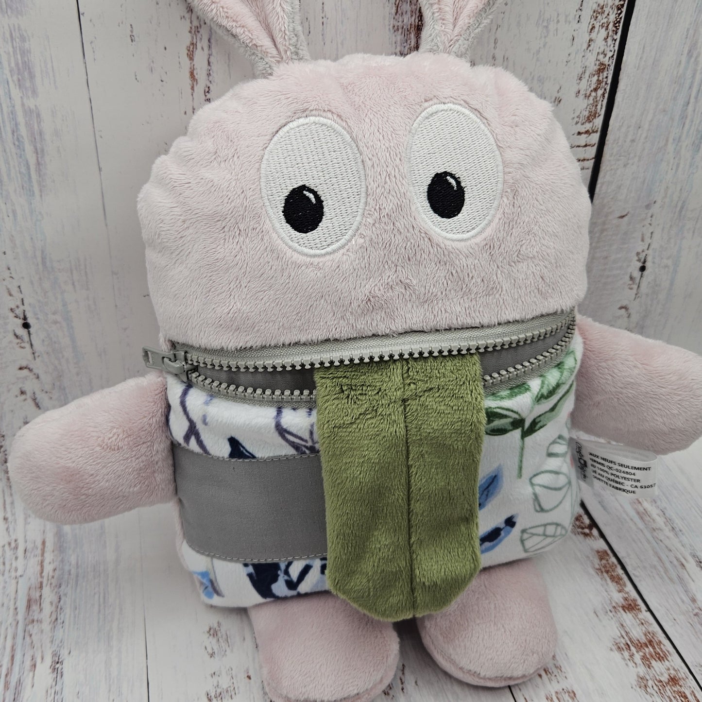 Toutou monstre mangeur de peurs, secrets, etc. - Feuillage Vert Violet et Rose (Modern Leaves) - Personnalisé au prénom de l'enfant - "OREILLES STYLE LAPIN"