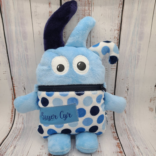 Toutou monstre mangeur de peurs, secrets, etc. - Pois Royal/Marine - Personnalisé au prénom de l'enfant - Bleu pâle