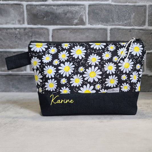 Trousse de voyage - Sac à cosmétiques/maquillage - Étui à crayons - Fleurs marguerites sur fond noir