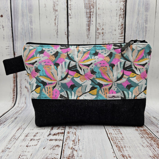 Trousse de voyage - Sac à cosmétiques/maquillage - Étui à crayons - Feuillages - Rose et aqua